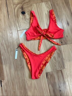 LENI SWIMS Reversible Red & Orange Floral Tie-Front Bikini Top and Bottom